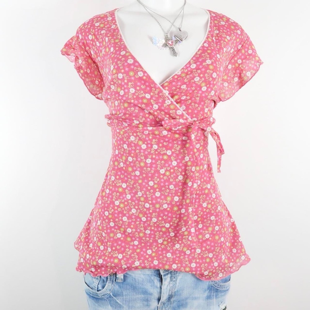 pink floral babydoll wrap blouse fairycore